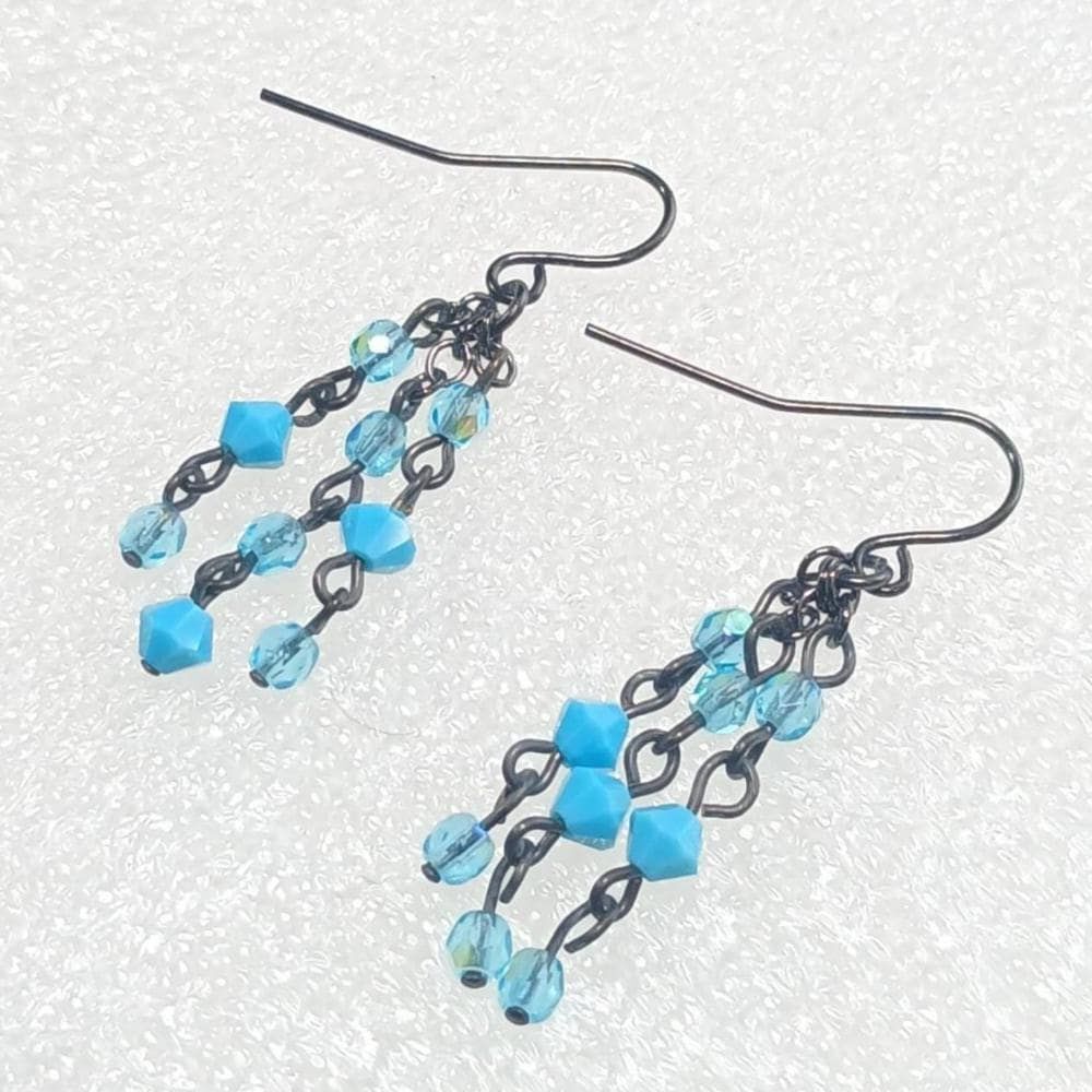 Blue Crystal Lucite Triple Chain Dangle Earrings 1.25" Drop